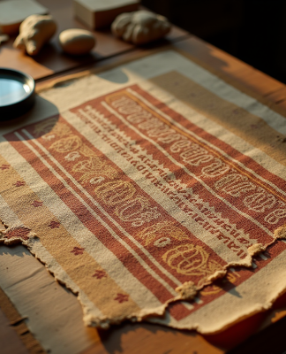 Fragment de tissu ancien exposé sur une table en bois avec outils archéologiques