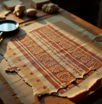 Fragment de tissu ancien exposé sur une table en bois avec outils archéologiques