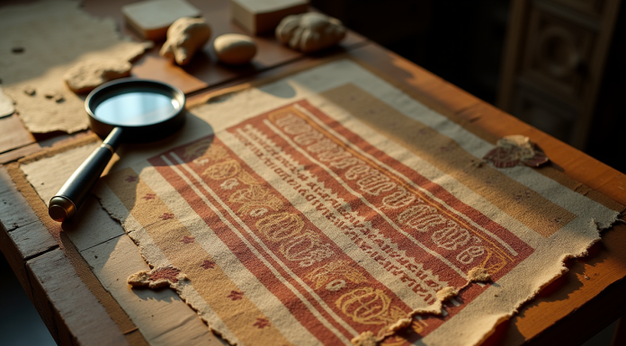 Fragment de tissu ancien exposé sur une table en bois avec outils archéologiques