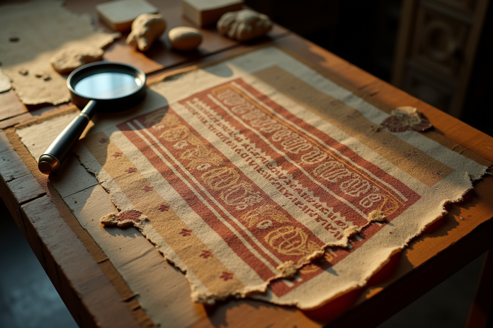 tissu-ancien-texile-musee Fragment de tissu ancien exposé sur une table en bois avec outils archéologiques