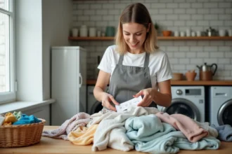 Femme triant des vêtements sales par type de tissu avant le lavage en machine