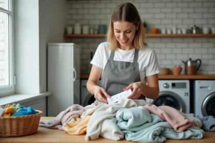 Femme triant des vêtements sales par type de tissu avant le lavage en machine