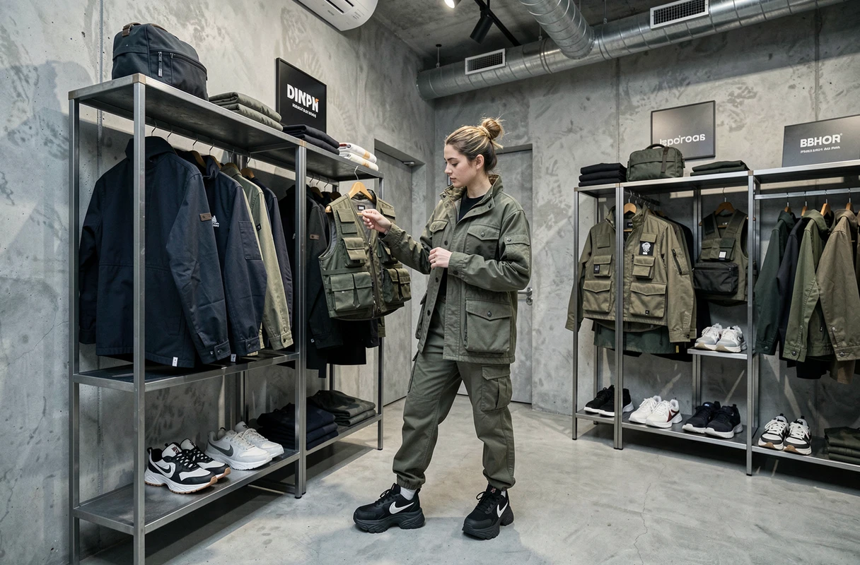 Intérieur de la boutique Urban Peak avec vêtements streetwear techniques et cliente inspectant une veste