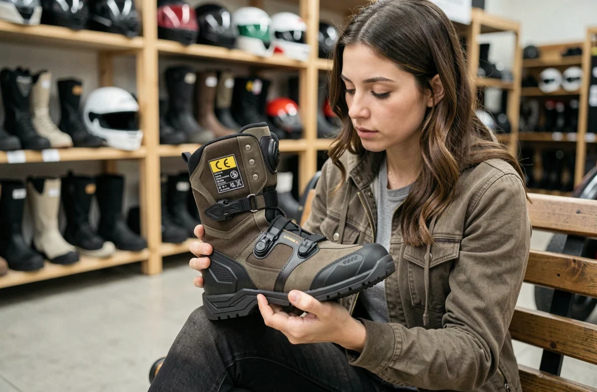 Femme examinant l'étiquette de certification CE d'une chaussure moto dans un magasin d'équipements pour motards