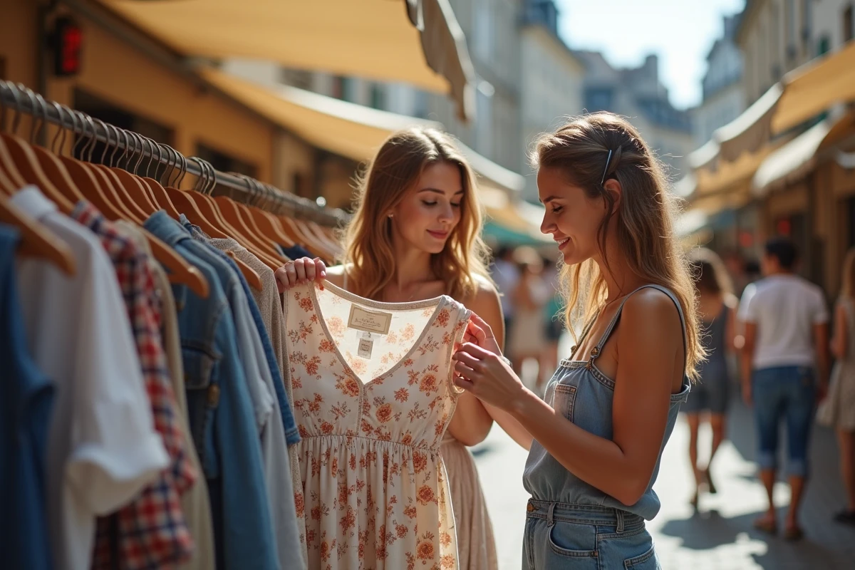 Deux femmes vérifiant l'étiquette de taille d'une robe sur un stand de braderie en plein air pour éviter les retours