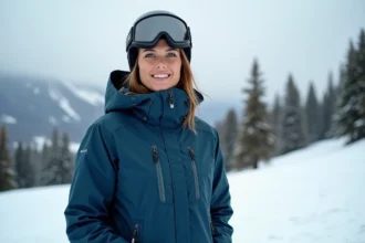 Femme portant une veste de ski haut de gamme en nylon technique bleu marine sur une piste alpine enneigée, mettant en valeur les finitions premium et la coupe technique