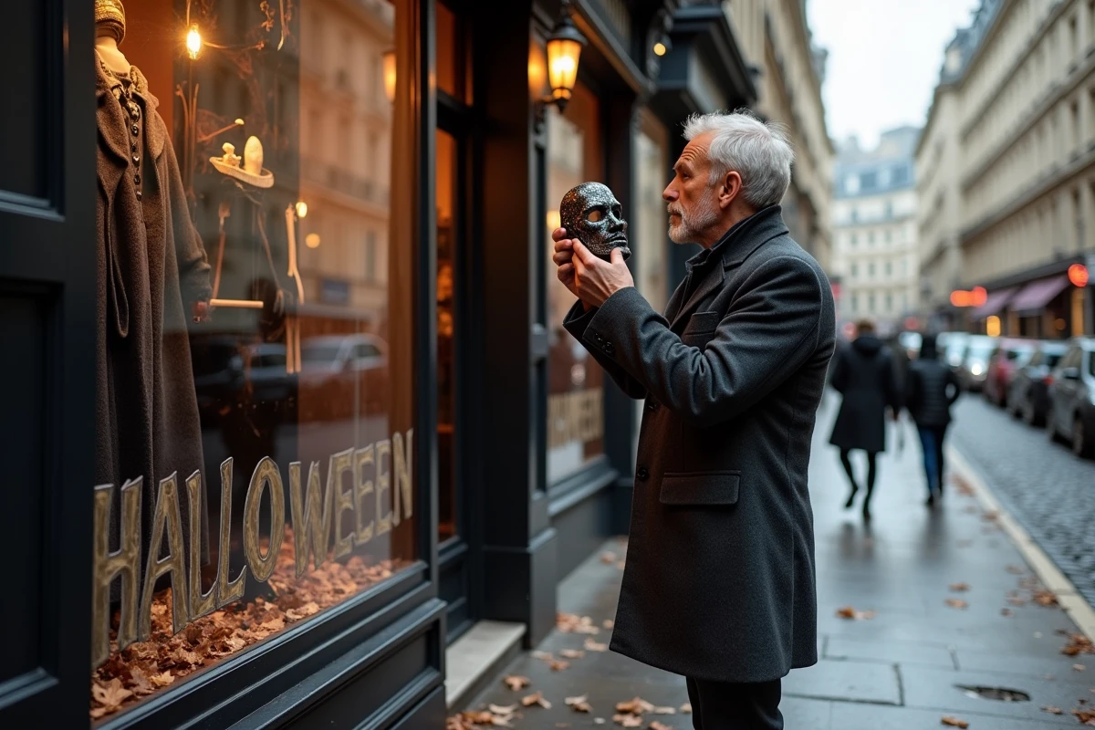 Homme adulte devant la vitrine d'une boutique de déguisements Halloween dans une rue parisienne pavée