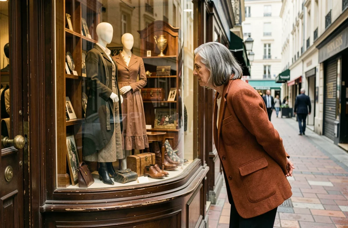 Vitrine vintage restaurée d'un grand magasin parisien avec mannequins du début du XXe siècle